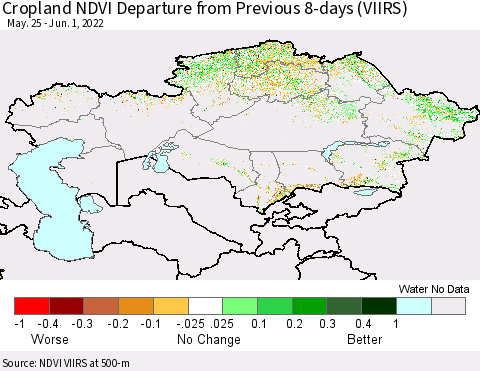 Kazakhstan Cropland NDVI Departure from Previous 8-days (VIIRS) Thematic Map For 5/25/2022 - 6/1/2022