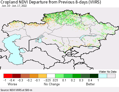 Kazakhstan Cropland NDVI Departure from Previous 8-days (VIIRS) Thematic Map For 6/10/2022 - 6/17/2022