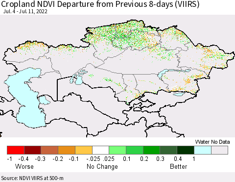 Kazakhstan Cropland NDVI Departure from Previous 8-days (VIIRS) Thematic Map For 7/4/2022 - 7/11/2022