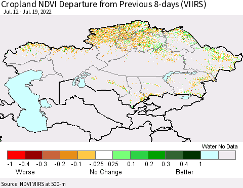 Kazakhstan Cropland NDVI Departure from Previous 8-days (VIIRS) Thematic Map For 7/12/2022 - 7/19/2022