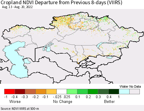 Kazakhstan Cropland NDVI Departure from Previous 8-days (VIIRS) Thematic Map For 8/13/2022 - 8/20/2022