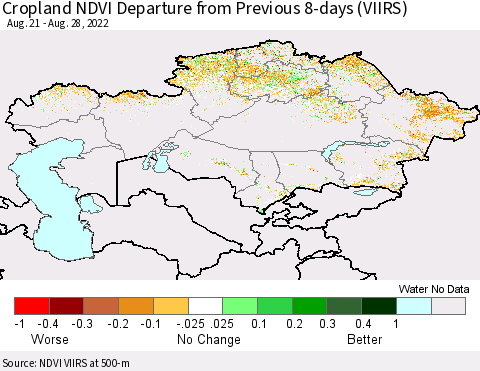 Kazakhstan Cropland NDVI Departure from Previous 8-days (VIIRS) Thematic Map For 8/21/2022 - 8/28/2022