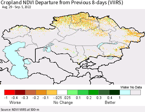 Kazakhstan Cropland NDVI Departure from Previous 8-days (VIIRS) Thematic Map For 8/29/2022 - 9/5/2022