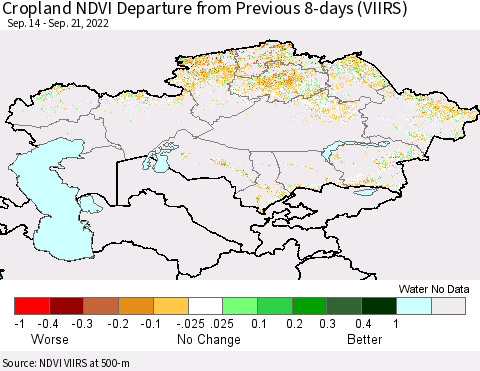 Kazakhstan Cropland NDVI Departure from Previous 8-days (VIIRS) Thematic Map For 9/14/2022 - 9/21/2022