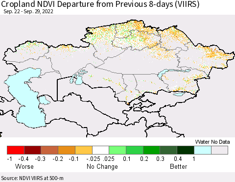 Kazakhstan Cropland NDVI Departure from Previous 8-days (VIIRS) Thematic Map For 9/22/2022 - 9/29/2022