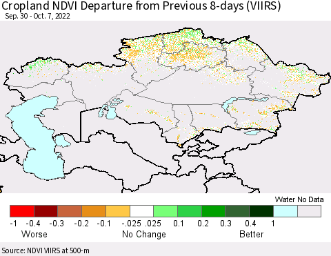 Kazakhstan Cropland NDVI Departure from Previous 8-days (VIIRS) Thematic Map For 9/30/2022 - 10/7/2022