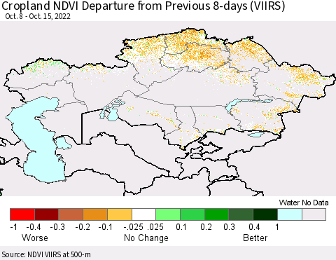 Kazakhstan Cropland NDVI Departure from Previous 8-days (VIIRS) Thematic Map For 10/8/2022 - 10/15/2022