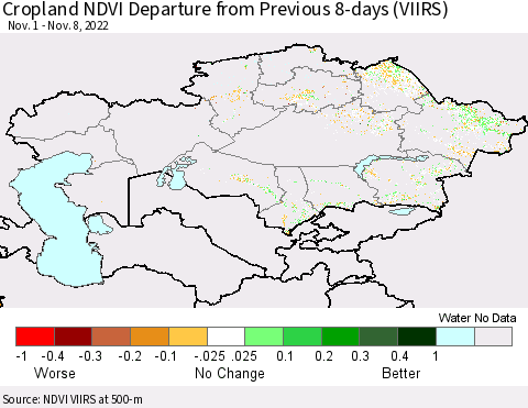 Kazakhstan Cropland NDVI Departure from Previous 8-days (VIIRS) Thematic Map For 11/1/2022 - 11/8/2022