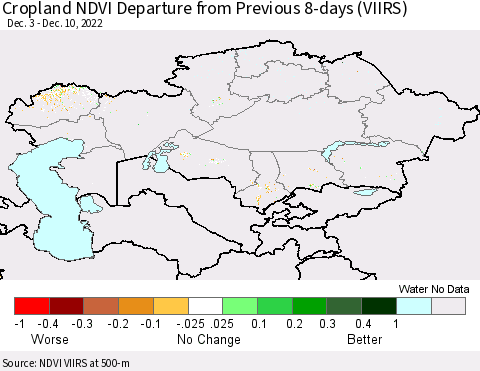 Kazakhstan Cropland NDVI Departure from Previous 8-days (VIIRS) Thematic Map For 12/3/2022 - 12/10/2022