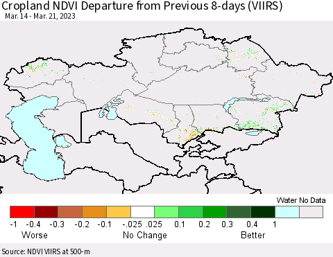 Kazakhstan Cropland NDVI Departure from Previous 8-days (VIIRS) Thematic Map For 3/14/2023 - 3/21/2023