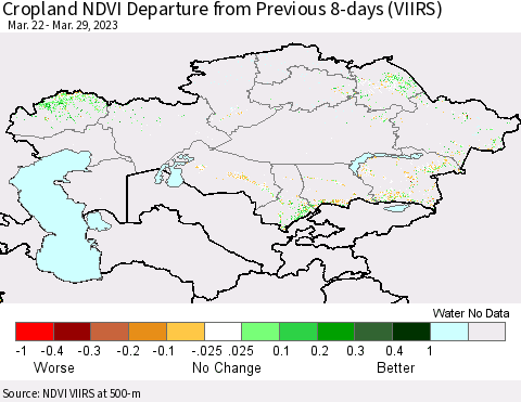 Kazakhstan Cropland NDVI Departure from Previous 8-days (VIIRS) Thematic Map For 3/22/2023 - 3/29/2023