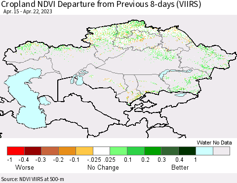 Kazakhstan Cropland NDVI Departure from Previous 8-days (VIIRS) Thematic Map For 4/15/2023 - 4/22/2023