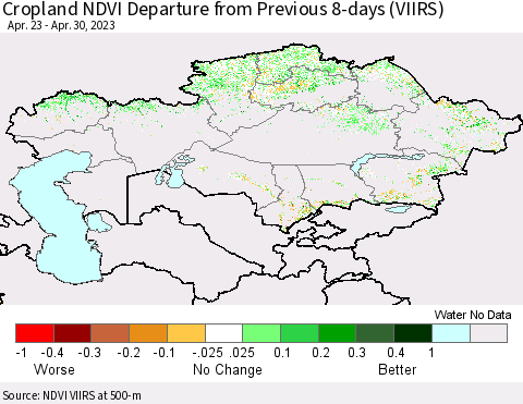 Kazakhstan Cropland NDVI Departure from Previous 8-days (VIIRS) Thematic Map For 4/23/2023 - 4/30/2023