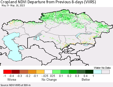 Kazakhstan Cropland NDVI Departure from Previous 8-days (VIIRS) Thematic Map For 5/9/2023 - 5/16/2023