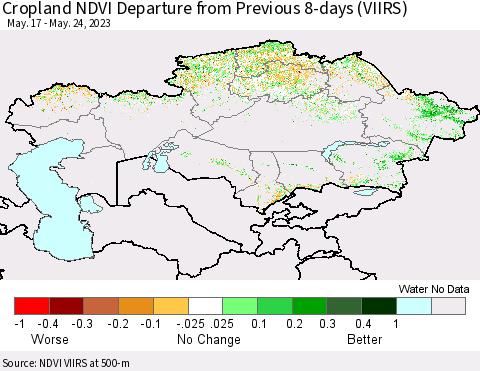 Kazakhstan Cropland NDVI Departure from Previous 8-days (VIIRS) Thematic Map For 5/17/2023 - 5/24/2023