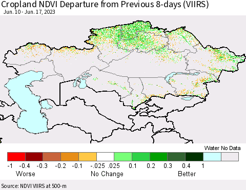 Kazakhstan Cropland NDVI Departure from Previous 8-days (VIIRS) Thematic Map For 6/10/2023 - 6/17/2023