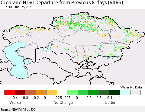Kazakhstan Cropland NDVI Departure from Previous 8-days (VIIRS) Thematic Map For 6/18/2023 - 6/25/2023