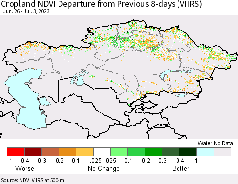 Kazakhstan Cropland NDVI Departure from Previous 8-days (VIIRS) Thematic Map For 6/26/2023 - 7/3/2023