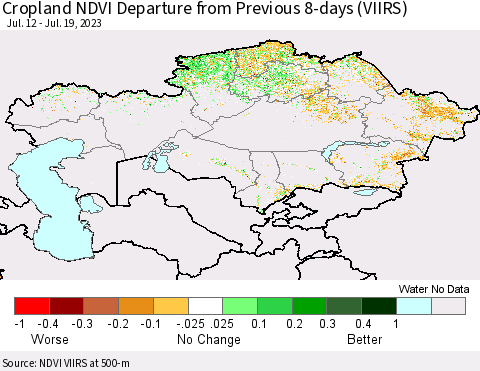 Kazakhstan Cropland NDVI Departure from Previous 8-days (VIIRS) Thematic Map For 7/12/2023 - 7/19/2023