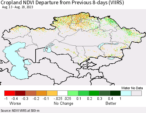 Kazakhstan Cropland NDVI Departure from Previous 8-days (VIIRS) Thematic Map For 8/13/2023 - 8/20/2023