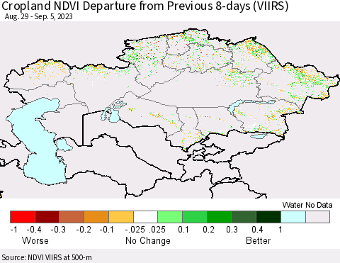 Kazakhstan Cropland NDVI Departure from Previous 8-days (VIIRS) Thematic Map For 8/29/2023 - 9/5/2023