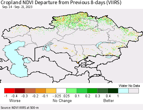 Kazakhstan Cropland NDVI Departure from Previous 8-days (VIIRS) Thematic Map For 9/14/2023 - 9/21/2023