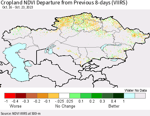 Kazakhstan Cropland NDVI Departure from Previous 8-days (VIIRS) Thematic Map For 10/16/2023 - 10/23/2023