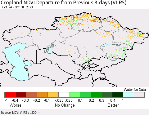 Kazakhstan Cropland NDVI Departure from Previous 8-days (VIIRS) Thematic Map For 10/24/2023 - 10/31/2023