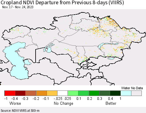 Kazakhstan Cropland NDVI Departure from Previous 8-days (VIIRS) Thematic Map For 11/17/2023 - 11/24/2023