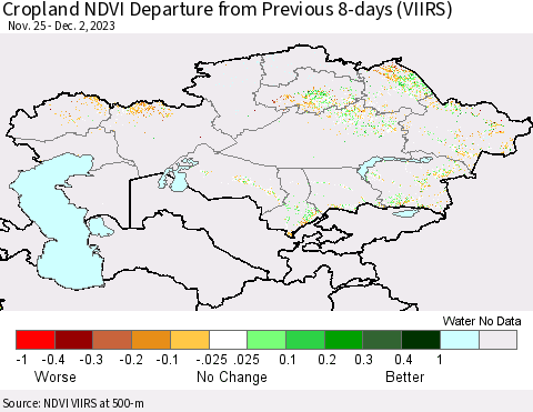 Kazakhstan Cropland NDVI Departure from Previous 8-days (VIIRS) Thematic Map For 11/25/2023 - 12/2/2023