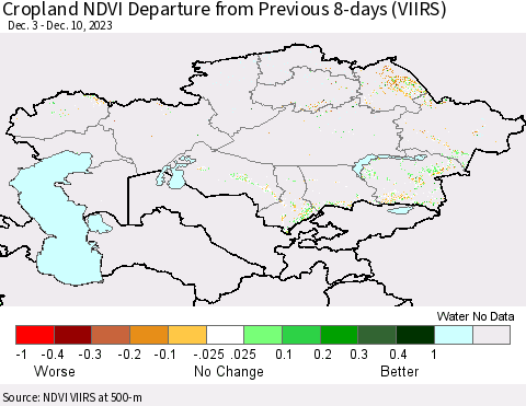Kazakhstan Cropland NDVI Departure from Previous 8-days (VIIRS) Thematic Map For 12/3/2023 - 12/10/2023