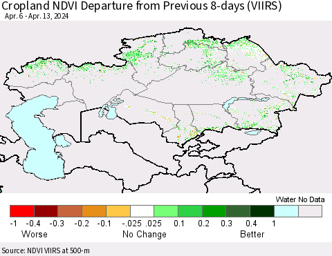Kazakhstan Cropland NDVI Departure from Previous 8-days (VIIRS) Thematic Map For 4/6/2024 - 4/13/2024