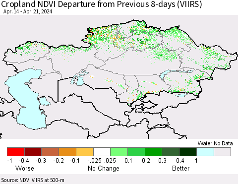 Kazakhstan Cropland NDVI Departure from Previous 8-days (VIIRS) Thematic Map For 4/14/2024 - 4/21/2024