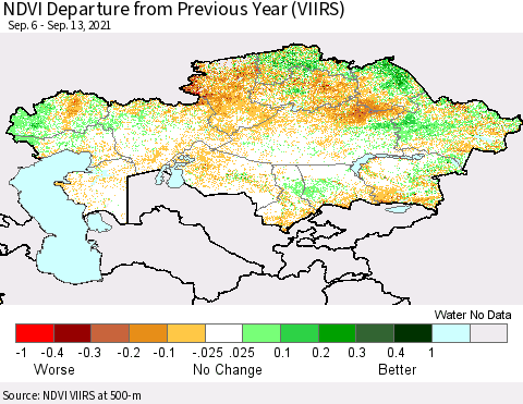 Kazakhstan NDVI Departure from Previous Year (VIIRS) Thematic Map For 9/6/2021 - 9/13/2021