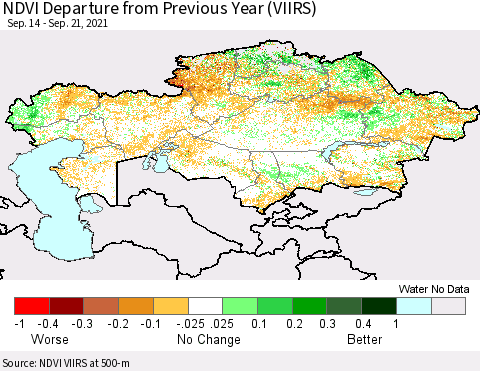 Kazakhstan NDVI Departure from Previous Year (VIIRS) Thematic Map For 9/14/2021 - 9/21/2021