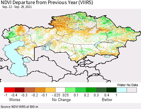 Kazakhstan NDVI Departure from Previous Year (VIIRS) Thematic Map For 9/22/2021 - 9/29/2021