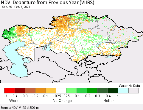 Kazakhstan NDVI Departure from Previous Year (VIIRS) Thematic Map For 9/30/2021 - 10/7/2021