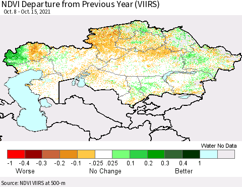 Kazakhstan NDVI Departure from Previous Year (VIIRS) Thematic Map For 10/8/2021 - 10/15/2021