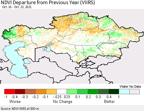 Kazakhstan NDVI Departure from Previous Year (VIIRS) Thematic Map For 10/16/2021 - 10/23/2021