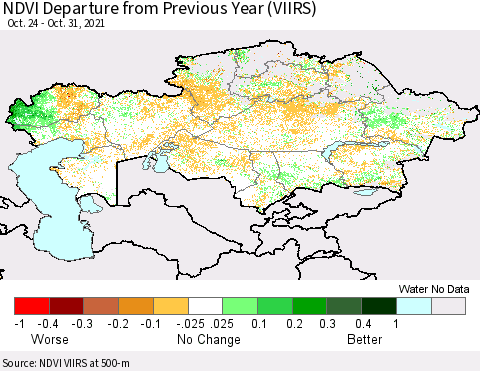 Kazakhstan NDVI Departure from Previous Year (VIIRS) Thematic Map For 10/24/2021 - 10/31/2021