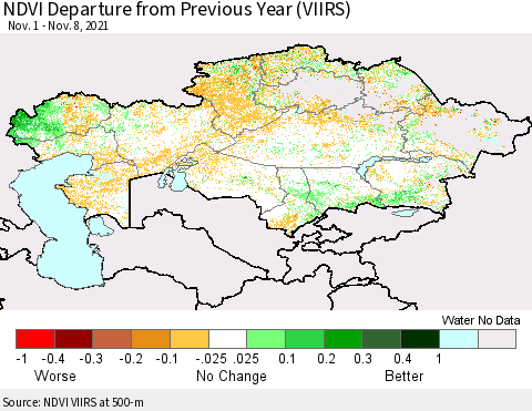 Kazakhstan NDVI Departure from Previous Year (VIIRS) Thematic Map For 11/1/2021 - 11/8/2021