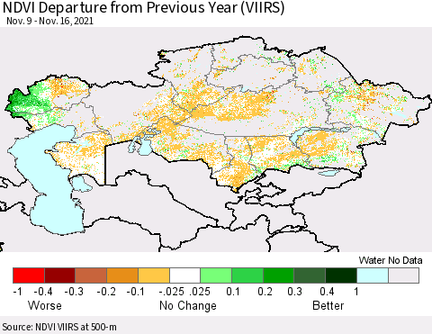 Kazakhstan NDVI Departure from Previous Year (VIIRS) Thematic Map For 11/9/2021 - 11/16/2021