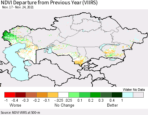 Kazakhstan NDVI Departure from Previous Year (VIIRS) Thematic Map For 11/17/2021 - 11/24/2021