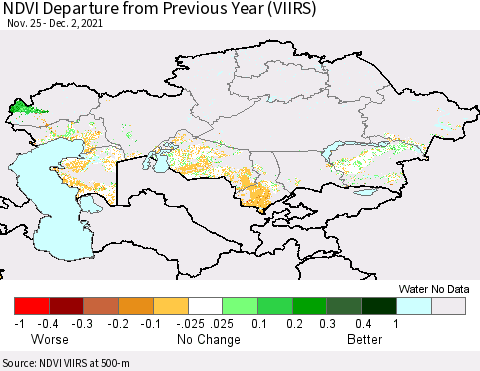 Kazakhstan NDVI Departure from Previous Year (VIIRS) Thematic Map For 11/25/2021 - 12/2/2021