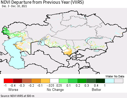 Kazakhstan NDVI Departure from Previous Year (VIIRS) Thematic Map For 12/3/2021 - 12/10/2021