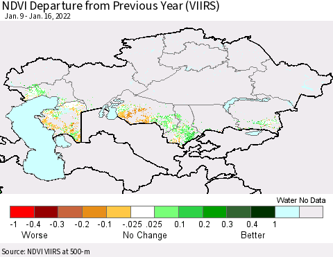 Kazakhstan NDVI Departure from Previous Year (VIIRS) Thematic Map For 1/9/2022 - 1/16/2022