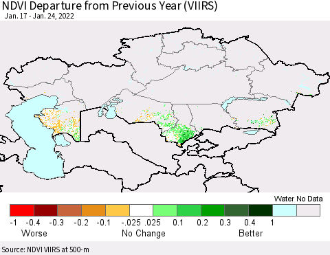 Kazakhstan NDVI Departure from Previous Year (VIIRS) Thematic Map For 1/17/2022 - 1/24/2022