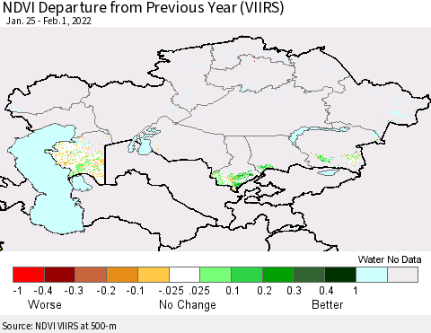 Kazakhstan NDVI Departure from Previous Year (VIIRS) Thematic Map For 1/25/2022 - 2/1/2022