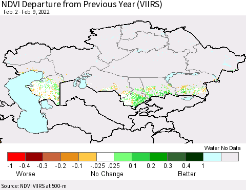 Kazakhstan NDVI Departure from Previous Year (VIIRS) Thematic Map For 2/2/2022 - 2/9/2022