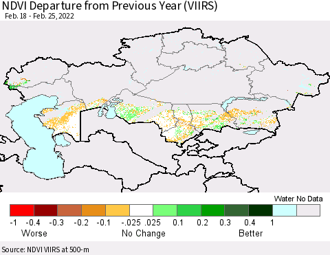 Kazakhstan NDVI Departure from Previous Year (VIIRS) Thematic Map For 2/18/2022 - 2/25/2022